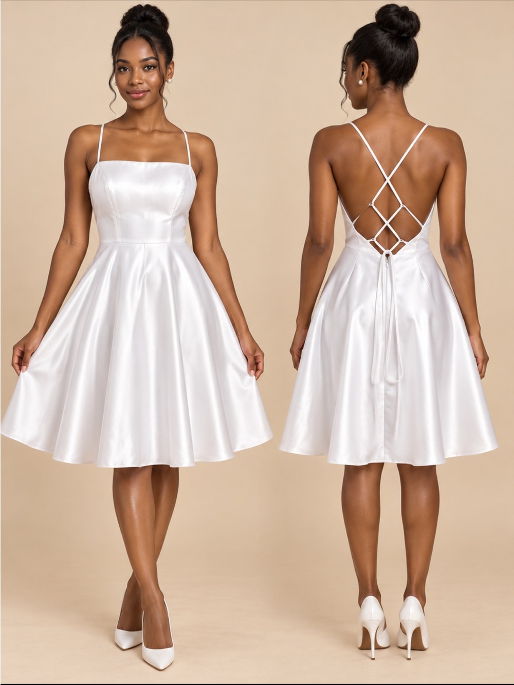 Satin White Midi Dress with Crisscross Lace-Up Back